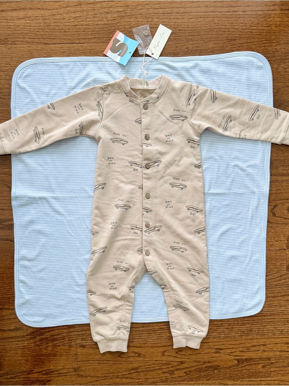 Rylee + Cru Neutral Beige Baby/Toddler Footless Romper with Skateboard Print